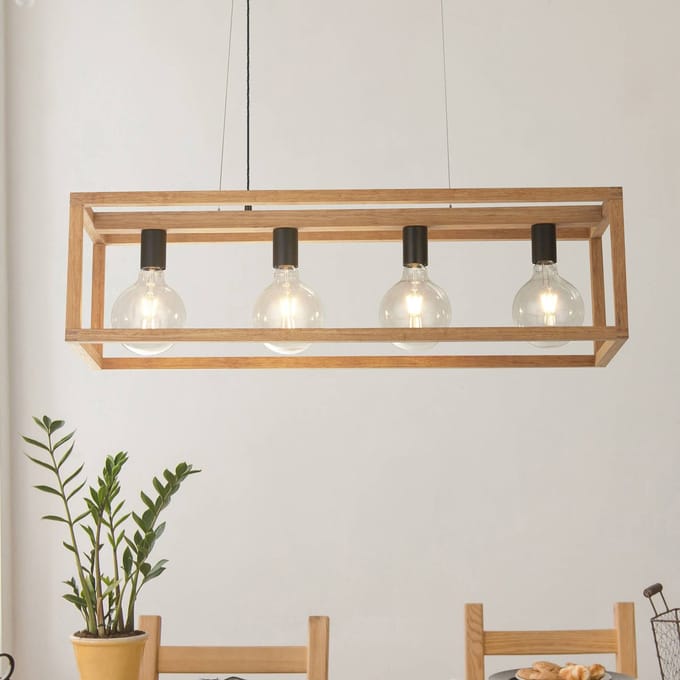 Searchlight Vierkante hanglamp, 4-lamps, 90 cm lang, bamboe, E27