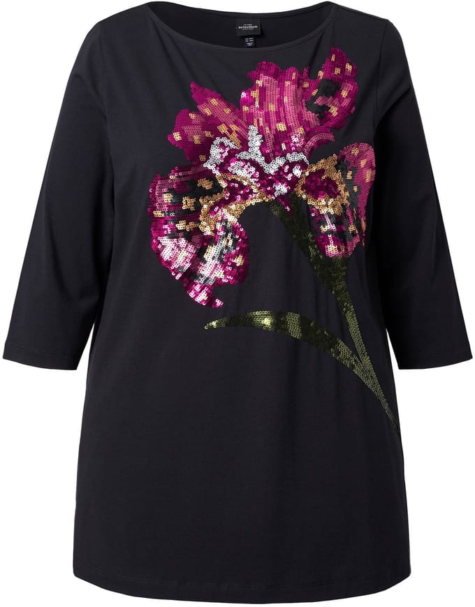 Ulla Popken - Dames - Sweatshirt A-lijn boothals 3/4-mouw modalmix - Zwart - Maat 42+
