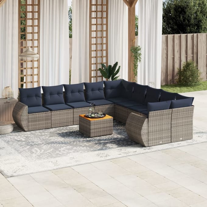 vidaXL - 11-delige - tuinbankset - met - kussens, - grijs - polyrotan