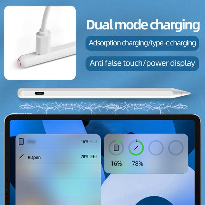 Stylus voor iPad Magnetische Adsorptie met Dubbele Oplaadmodi TypeC & Draadloos Adsorptie Opladen, wit