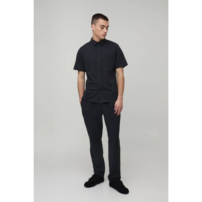 Slim Fit Short Sleeve Shirt and Tapered Trouser Set | Charcoal | Size Medium