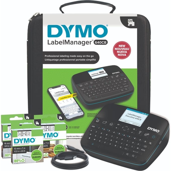 DYMO LabelManager Executive 640 CB draagbare labelprinterkit met draagtas en 3 labelcassettes | compacte AZERTY-labelmaker | Bluetooth- & USB-connectiviteit | compatibel met DYMO D1-labels