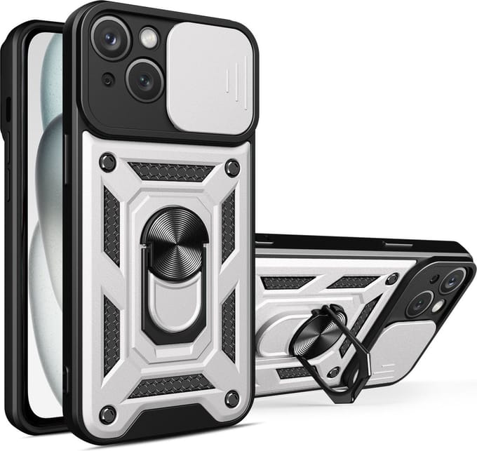 Hoesje geschikt voor iPhone 15 Plus met Ringhouder en Camera schuifje – Zilver