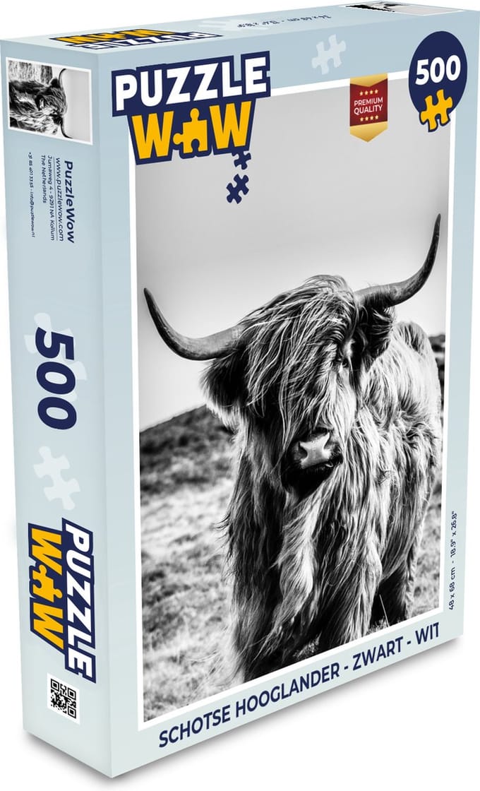 Puzzel Schotse hooglander - Zwart - Wit - Legpuzzel - Puzzel 500 stukjes