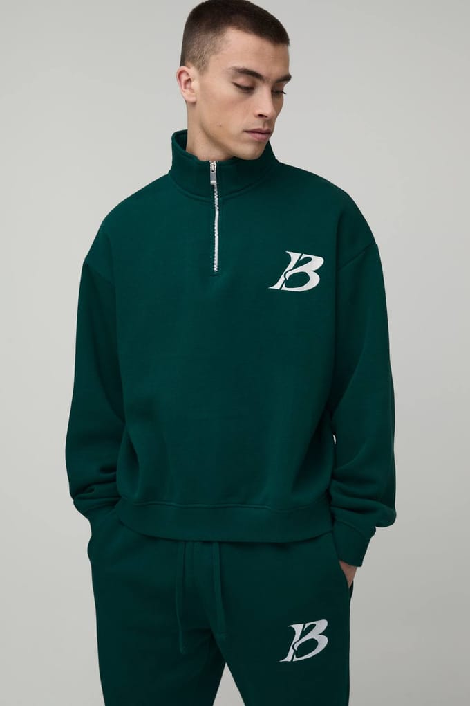 Oversized Boxy B 1/4 ritssluiting gestapeld trainingspak | Forest | Size Large