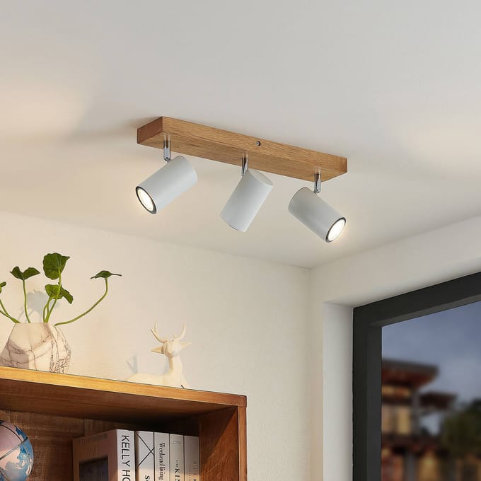 Lindby - buitenspot - 3lichts - Ijzer, rubberhout - H: 16 cm - GU10 - licht hout, wit, chroom