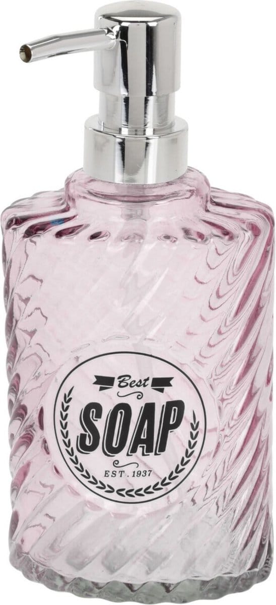 Items Zeeppompje/dispenser - 17 cm - glas - roze - 300 ml - navulbaar - toilet/badkamer/keuken