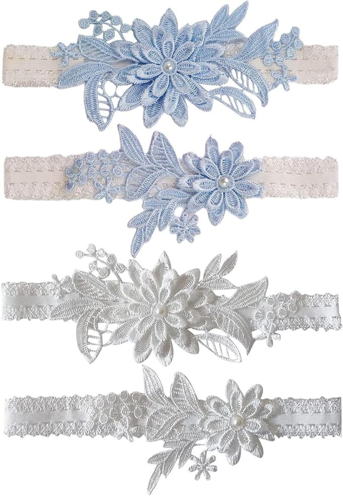 Set van 4 Bruidsbanden met Bloemen en Strass, Elastische Bruidsaccessoires voor de Trouwerij, Wit en Blauw, One Size