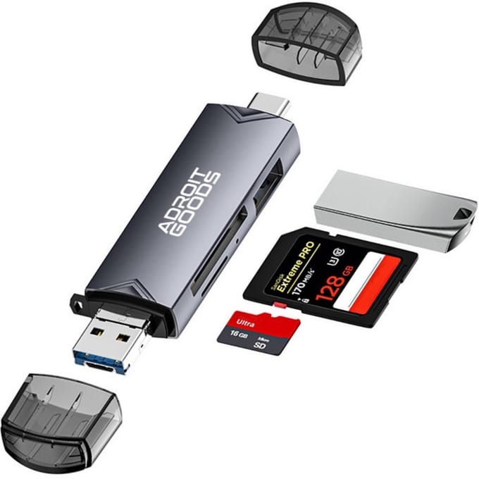 AdroitGoods SD Kaart Lezer - USB Stick - SD Kaart Lezer USB C - Card Reader - Micro USB - Geheugenkaartlezer - Micro SD Adapter - Grijs