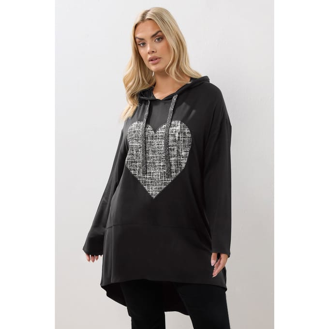 Yours Zwarte Lange Hoodie Met Hartenprint Size 46