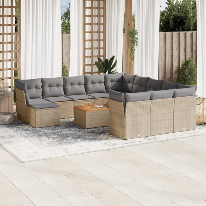 vidaXL - 13-delige - Loungeset - met - kussens - poly - rattan - gemengd - beige