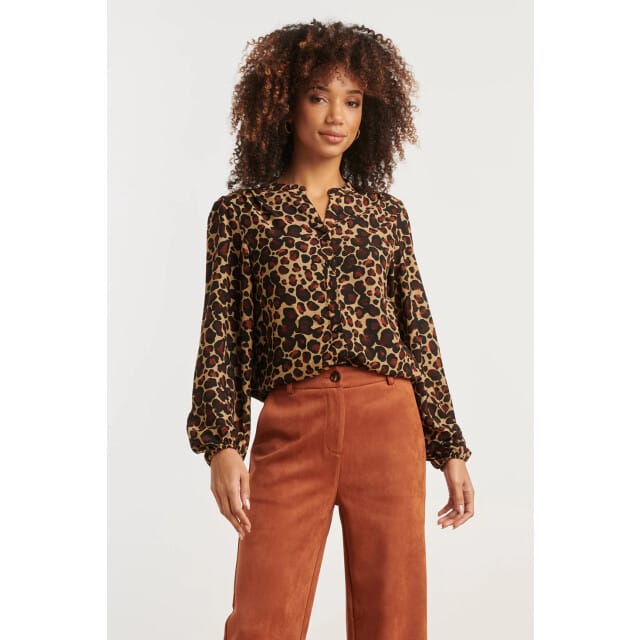 Smashed Lemon Chiffon blouse met cheetahprint en pofmouwen in camel en bruin |