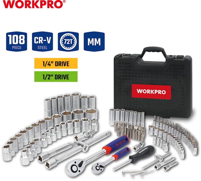 WORKPRO WP202535 Dopsleutelset 1/2 en 1/4 CR-V 108-delig in koffer