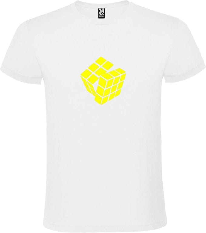 Wit T-Shirt met “ Rubik's Kubus “ afbeelding Neon Geel Size XL
