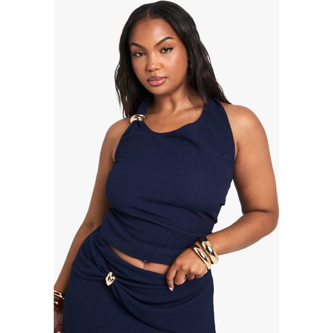 boohoo Dames PLUS HALTER TOP MET GOUDDETAIL | Marineblauw | Maat: 48