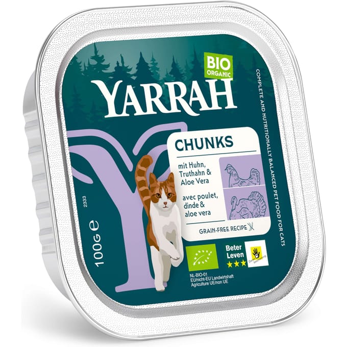 Yarrah Bio Chunks 16 x 100 g - Bio kip en bio kalkoen met bio aloë vera.