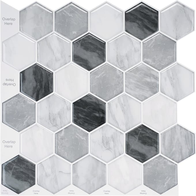 24Supply Plaktegels - 10 Stuks - Glans - Marmer Grijs - Hexagon - 30.5x30.5cm
