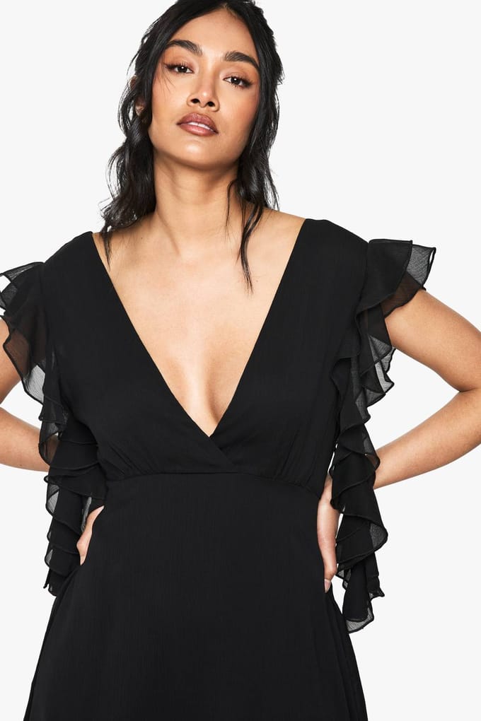 boohoo Dames Chiffon Mini Jurk met Ruffle Detail | Black | Maat: 8