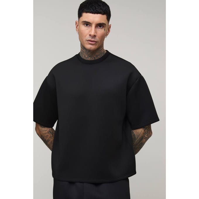 Tall Oversized Boxy Bonded Scuba T-Shirt | Black | Size Medium