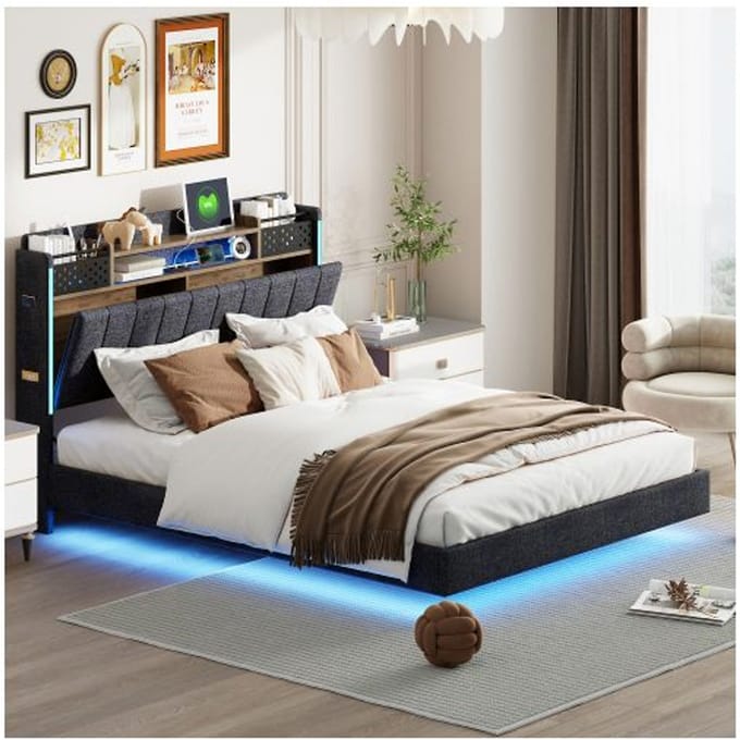 Lit rembourré - MUVOE - 140x200 - Éclairage LED - Prise USB - Tête de lit avec rangement gris