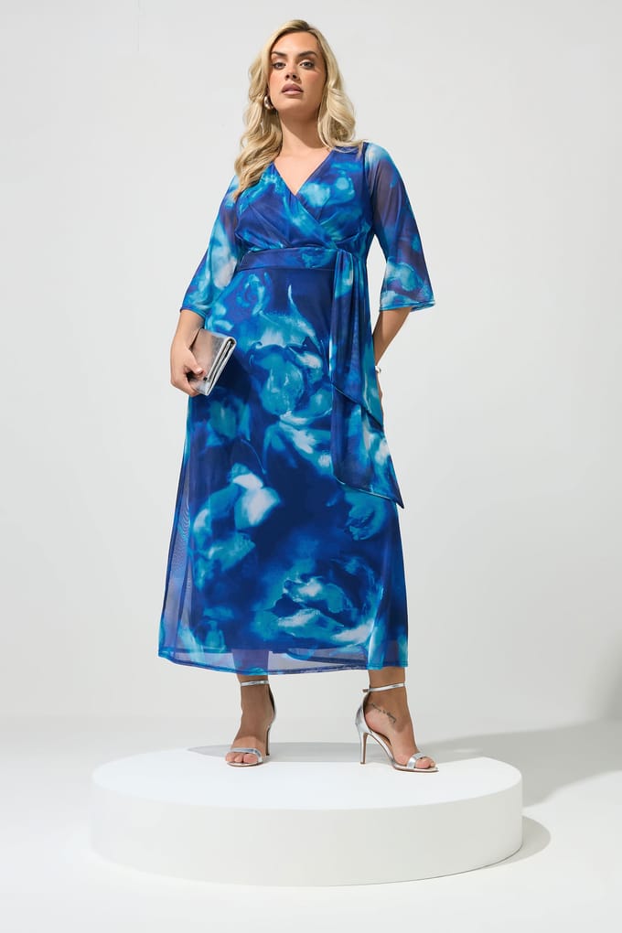 Yours London Blauwe Abstracte Mesh Wikkeljurk Size 48