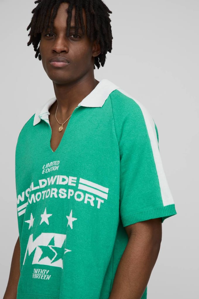 Wereldwijde oversized boxy moto jacquard gebreide polo | Green | Size Medium