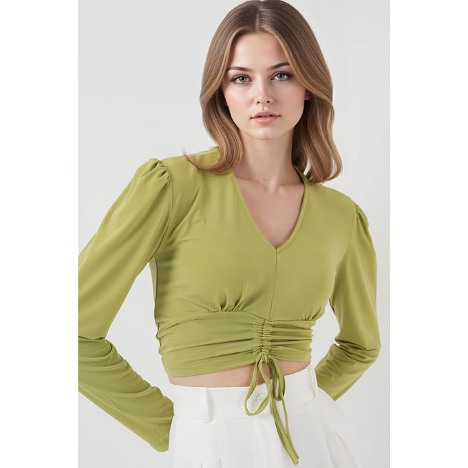 Gestreepte V-Hals Crop Top met Rimpeldetails