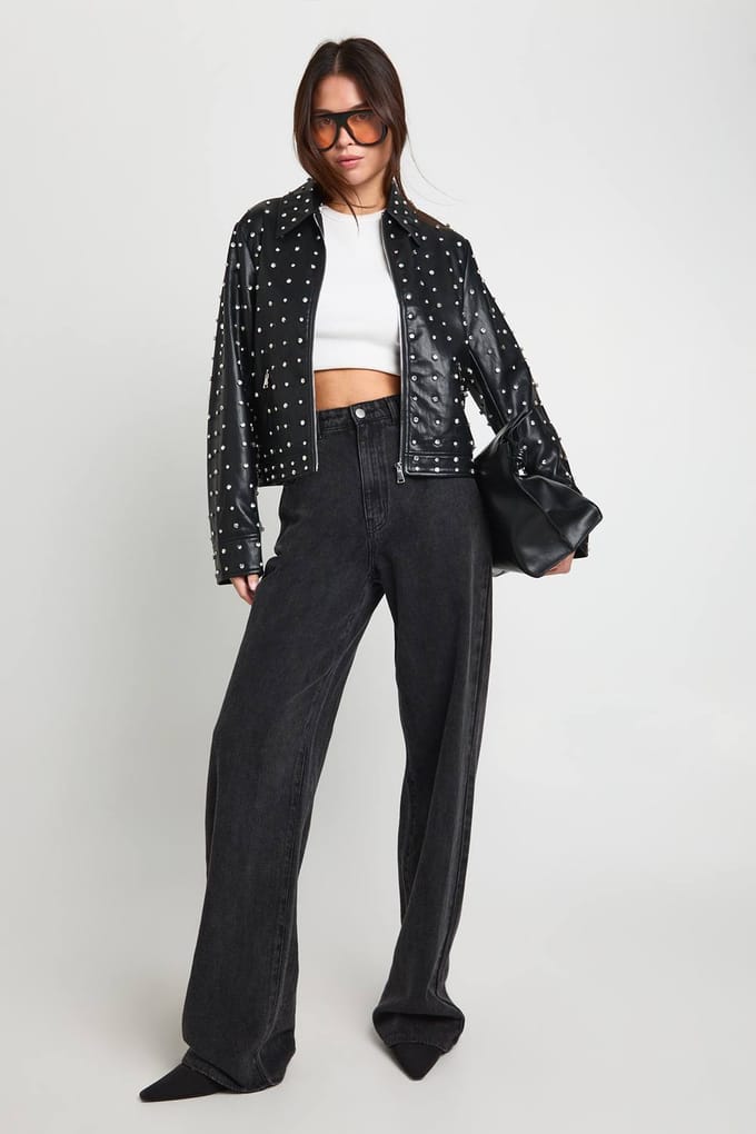 boohoo Dames Super Zachte Premium Kunstleren Diamante Jas | Black | Maat: 8