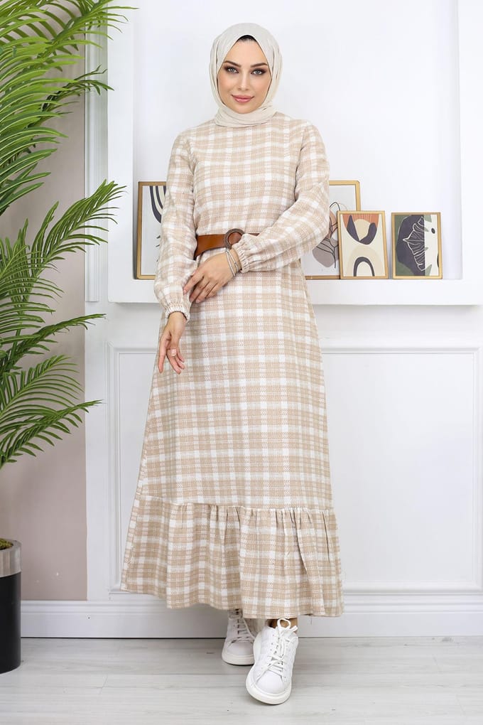 Met ruches Hijab Jurk Beige
