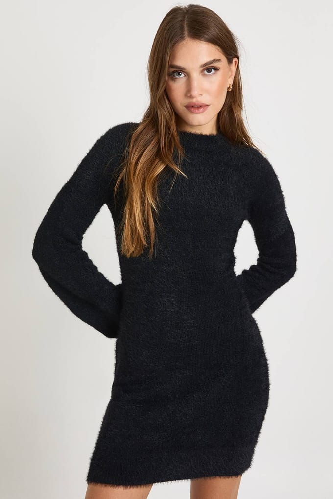 boohoo Dames Bow Back Detail Super Soft Knitted Mini Dress | Black | Maat: Small