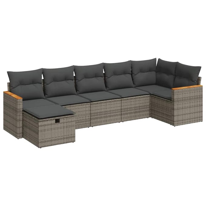 vidaXL - 7-delige - Loungeset - met - kussens - poly - rattan - grijs