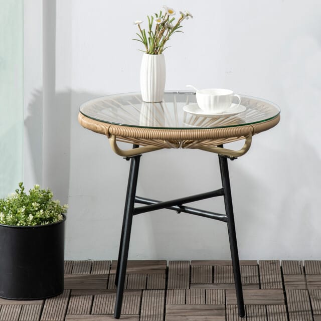 4goodz Bijzettafel Rond Polyrattan met Glasplaat 50 cm - Bruin