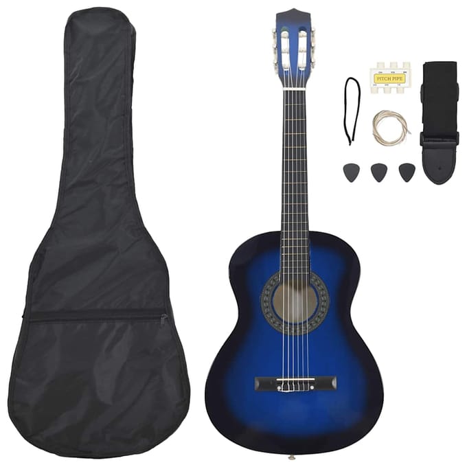 Ensemble de guitare classique 8 pièces pour débutants Bleu Taille 3/4 (36 )
