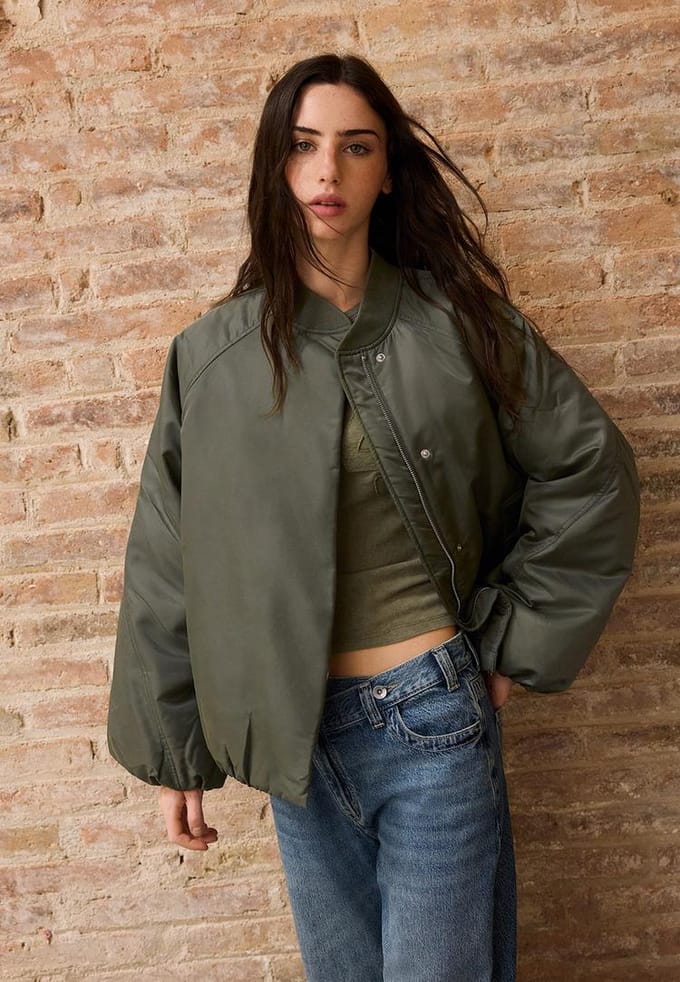 Stradivarius Bomberjack met kraag met bandje  Kaki S