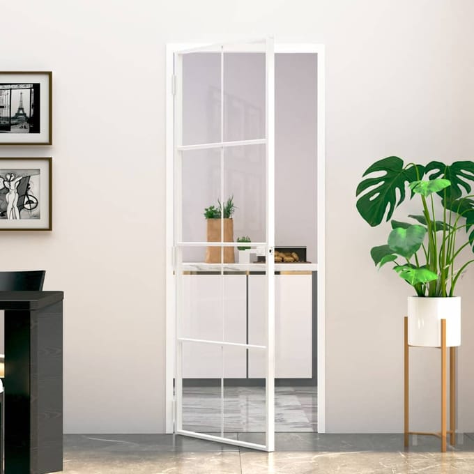 vidaXL - Binnendeur - 76x201,5 - cm - gehard - glas - en - aluminium - smal - wit