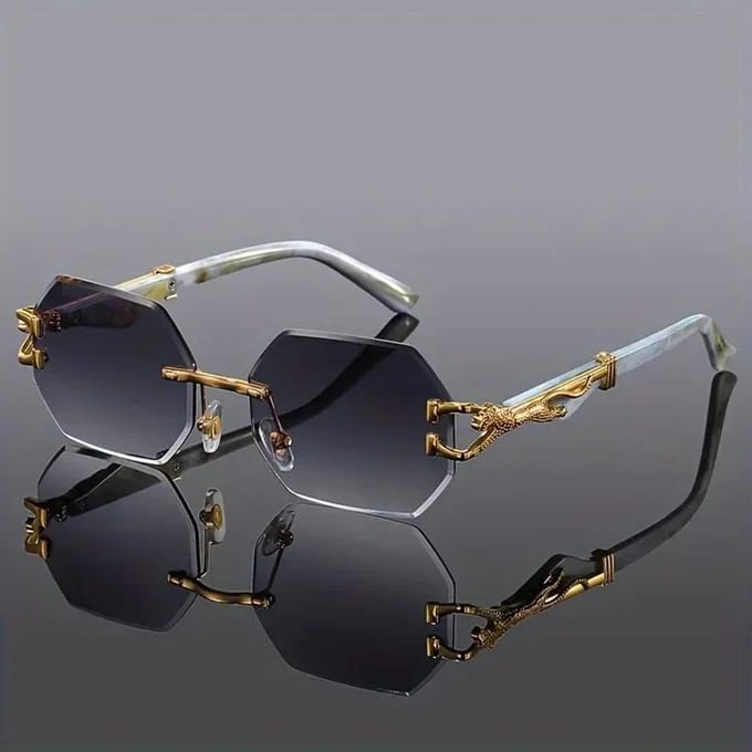 Lunettes de soleil tendance unisexe sans monture polygonales dégradées Rétro Jambes motif bois léopard Carrées Lunettes de conduite gray