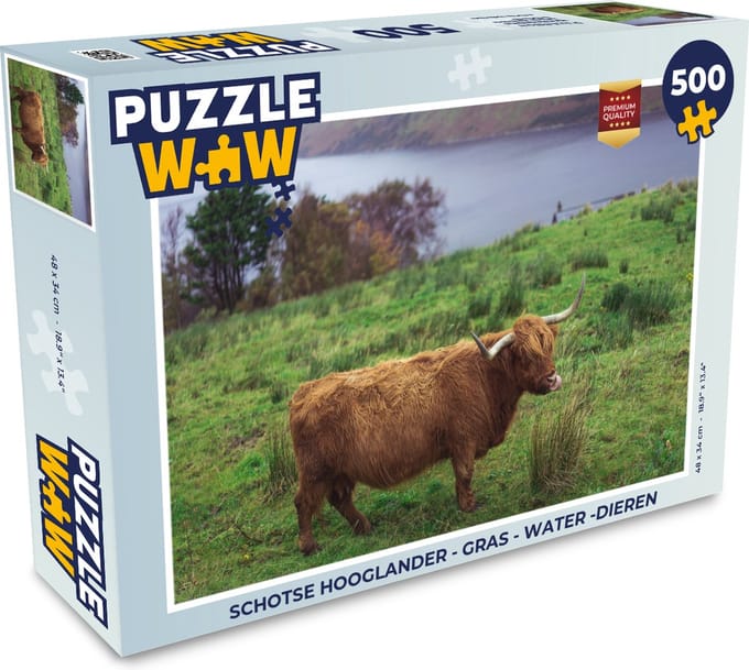 Puzzel Schotse Hooglander - Gras - Water -Dieren - Legpuzzel - Puzzel 500 stukjes