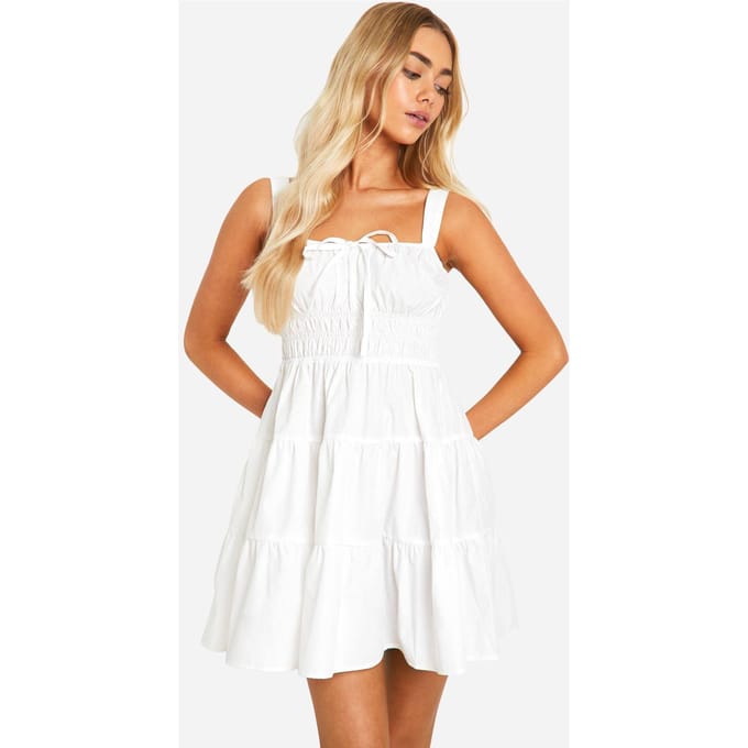 boohoo Dames Tiered Smock Mini Dress | Wit | Maat: 36