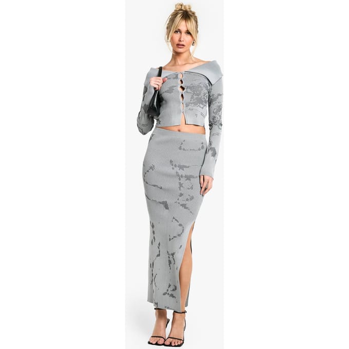 boohoo Dames Abstracte Bloemen Gebreide Rok Co-ord | Grijs | Maat: 38