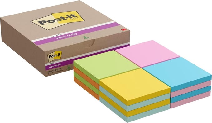 Super Sticky Notes Verschillende Kleuren - 76 mm x 76 mm - 90 Vellen - 16 Pads - Pack van Post-it Office Sticky Notes