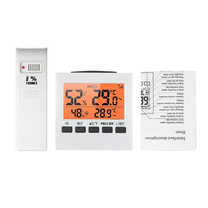 LCD digitale draadloze binnen-/buitenthermometer, hygrometer, temperatuur-vochtigheidsmeter oranje