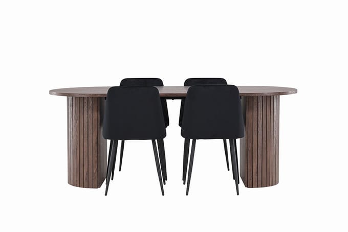 Härön eethoek tafel 90x200cm en 4 velours stoelen mocca.