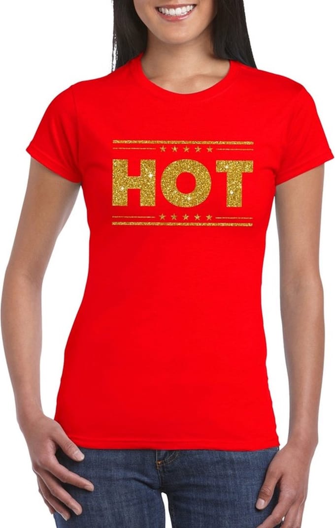 Rood Hot shirt in gouden glitter letters dames M