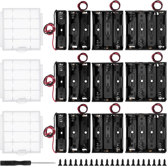Batterijhouders Sets - AA Opbergdoos - Elektronica Projecten - Met Schroeven Schroevendraaier - 12 Stuks - Zwart