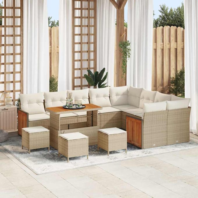 vidaXL - Tuinbank - Set - 14 - st - 10-zits - Beige - en - Crème - poly - rattan