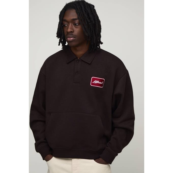 Heavyweight Oversized Boxy Embroidered Badge Polo Sweater | Chocolate | Size Small