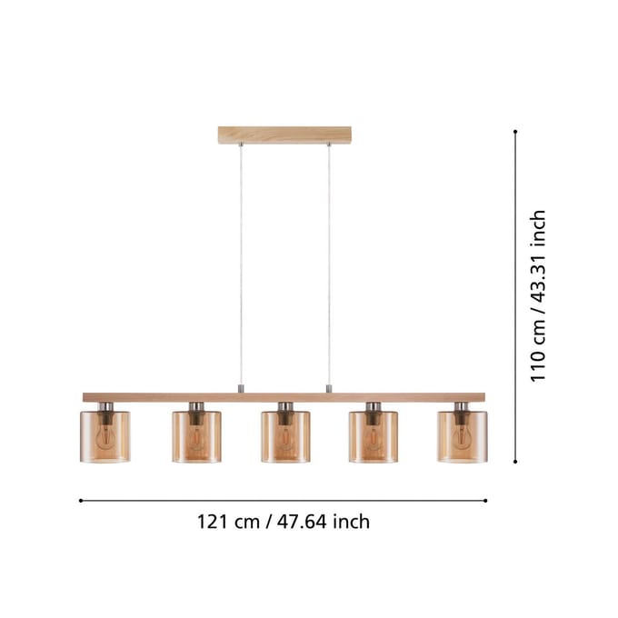 EGLO Castralvo hanglamp, lengte 115 cm, hout/amber, 5-lamps, glas