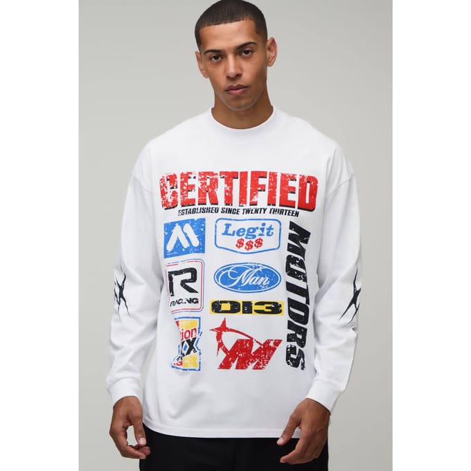 Wit Oversized T-shirt Met Lange Mouwen En Motoprint | White | Size Large