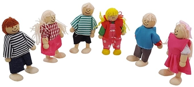 Playwood Poppenhuis buigpoppetjes, vader, moeder, 4 kinderen