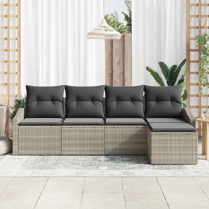 vidaXL Bankstel met kussen met opslag 5 pcs Lichtgrijs poly rattan